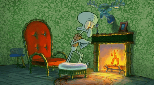 a cartoon of squidward from spongebob squarepants standing next to a fireplace