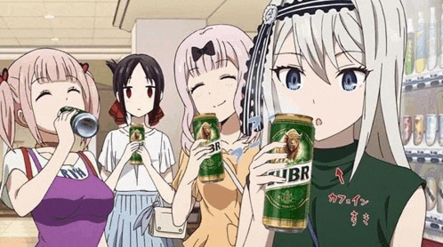 a group of anime girls are drinking beer and holding cans of beer in a store .
