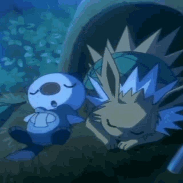 a cartoon otter and a hedgehog are sleeping underwater