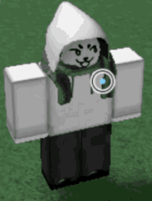 a cartoon character wearing a white hoodie is standing in the grass .