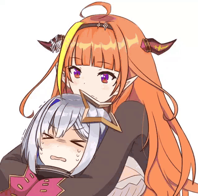 a girl with orange hair and purple eyes is hugging another girl with white hair
