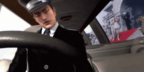 a man in a suit is driving a car