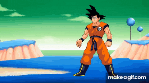 a cartoon character named goku is standing on a beach with a make a gif.com link below him