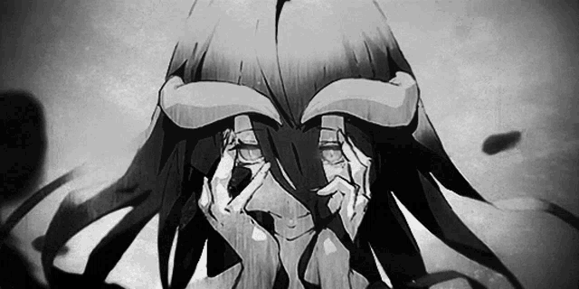 a black and white drawing of a girl with horns covering her face .