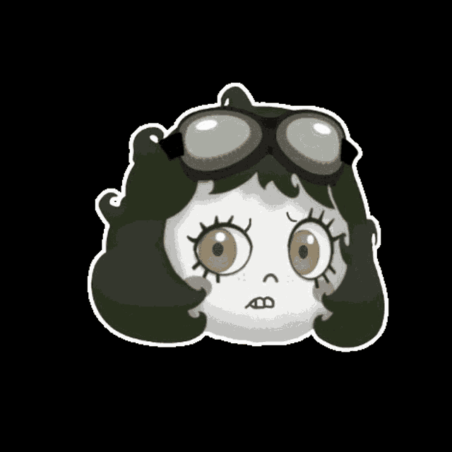 a cartoon of a girl wearing goggles and a sad face