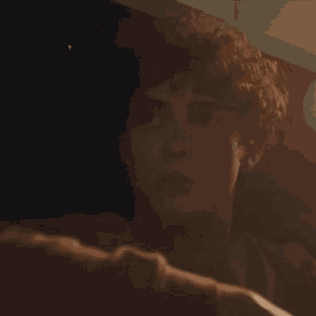 a close up of a man 's face with curly hair looking up at the camera .