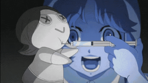 a person is holding a syringe in front of a doll with a cross on its face