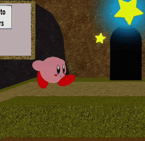 a picture of kirby in a room with a sign that says ' to stars '