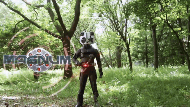 a man in a panda mask is standing in a forest with the word magnum behind him