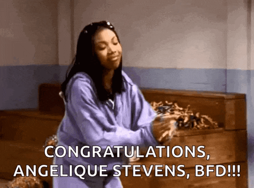 a woman in a purple sweatshirt congratulates angelique stevens bfd !!!