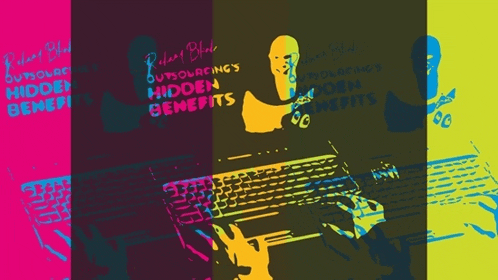a colorful illustration of a man using a laptop with the words " hidden benefits " on the top