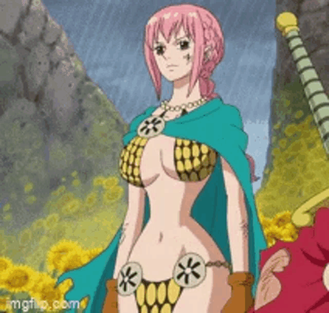 a cartoon girl with pink hair is wearing a bikini and gloves