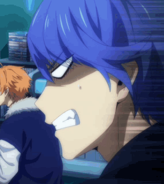 a close up of a person with blue hair making a funny face