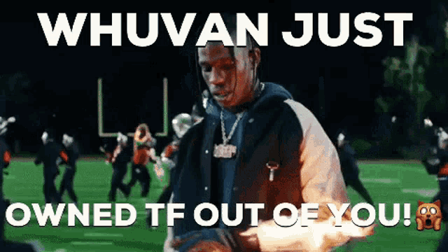 a picture of a man holding a torch with a caption that says " whuvan just owned tf out of you "