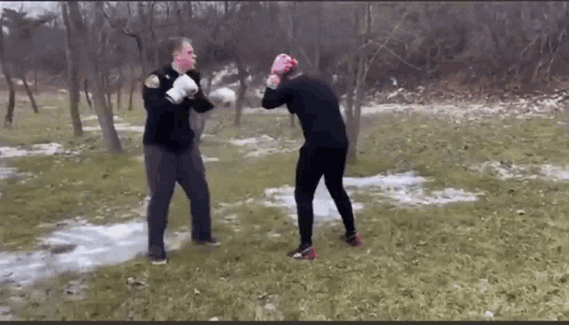 a man and a woman are boxing in the grass .