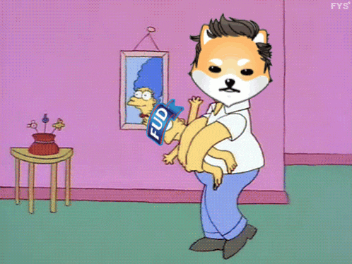 a cartoon of a man holding a dog with the word fud on the back