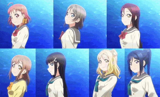 a group of anime girls are standing next to each other in front of a blue background
