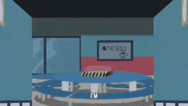 a blue among us character is standing in a room and says i 'm .