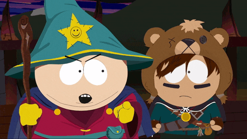 two south park characters standing next to each other one wearing a wizard hat and the other wearing a teddy bear hat