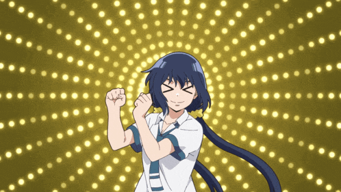a girl with blue hair and a white shirt is dancing in front of a yellow background
