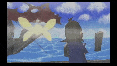 a cartoon character is standing in front of a flower in the water