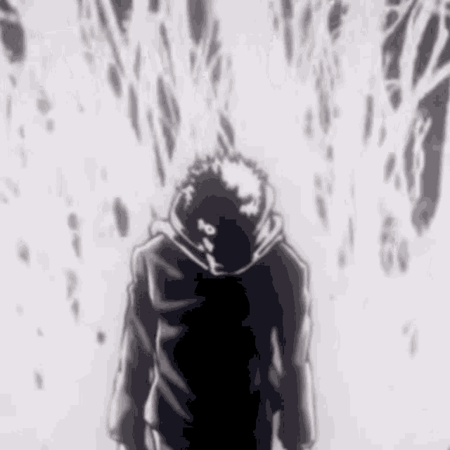 a black and white drawing of a man with a mask on his face standing in front of a waterfall .