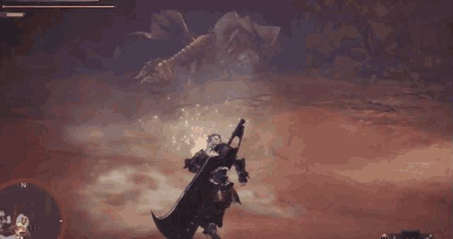 a video game character is holding a large axe in a desert