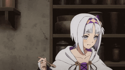 a girl with short white hair is holding a spoon