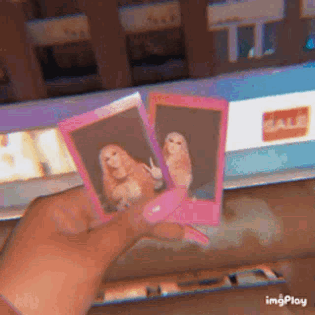 a person is holding two pink cards with barbie dolls on them