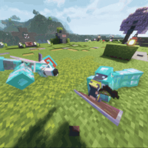 a screenshot of a minecraft game shows a dragon and a sword in a field