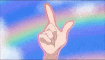 a girl is standing in front of a rainbow and clouds