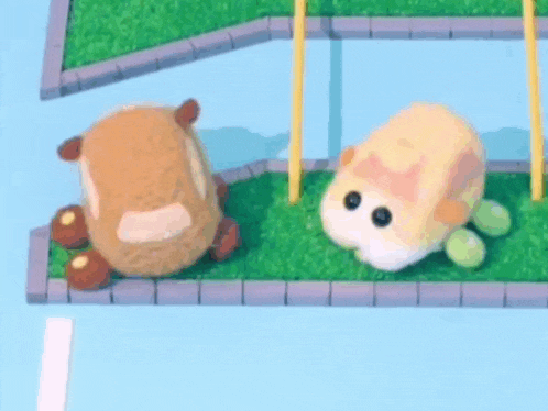 two stuffed animals , one brown and one yellow , are standing next to each other in a parking lot .