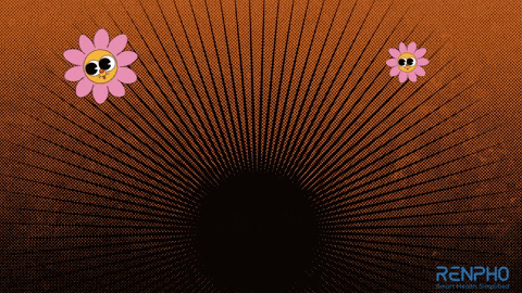 a renpho logo with two pink flowers and a black hole in the middle