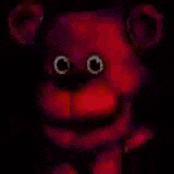 a close up of a purple teddy bear with glowing eyes .