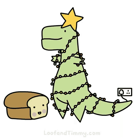 a cartoon of a dinosaur decorating a christmas tree next to a piece of bread