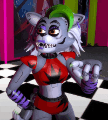 a cartoon character is standing on a checkered floor with her hands outstretched