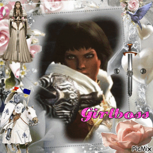a picture of a woman and a knight with the words girlboss on the bottom right