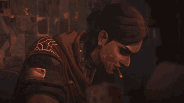 a woman in a dark room with a smoke coming out of her nose