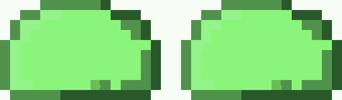 a pixel art illustration of two green blocks on a white background .