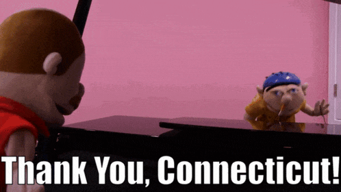 two stuffed animals are standing in front of a piano with the words thank you connecticut on the bottom