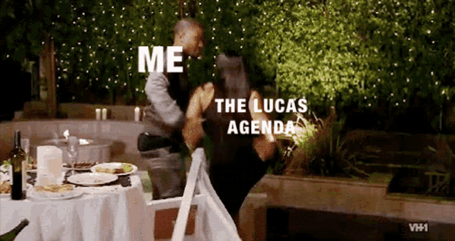 a man and woman are dancing at a table with the words me the lucas agenda written on the bottom