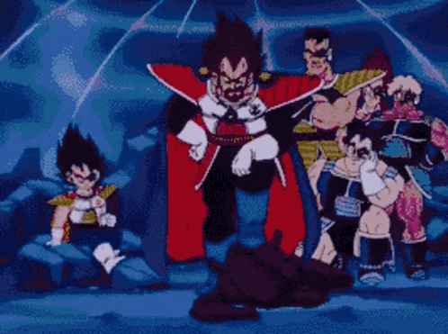 a group of cartoon characters are standing in a cave including vegeta