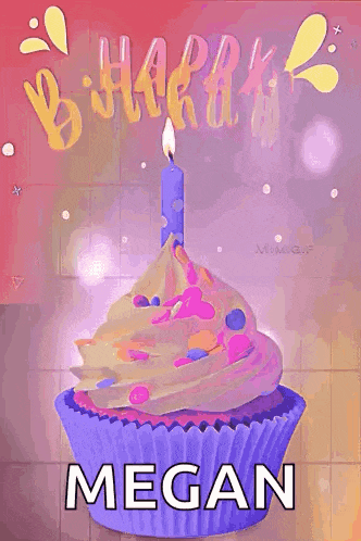 a purple cupcake with a candle on top of it and the name megan on it .