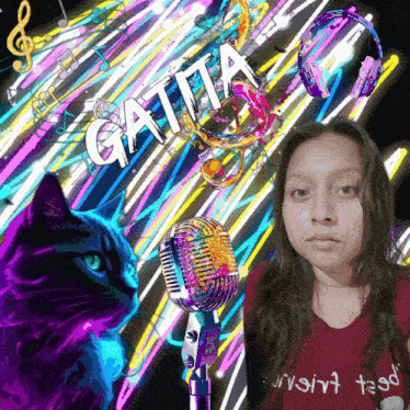 a girl is standing in front of a microphone with a cat and headphones behind her