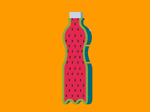 a bottle of watermelon juice with black polka dots