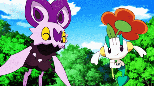 a purple and white cartoon character is standing next to a white flower