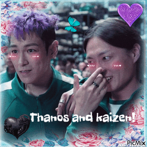a picture of thanos and kaizen with a heart and flowers