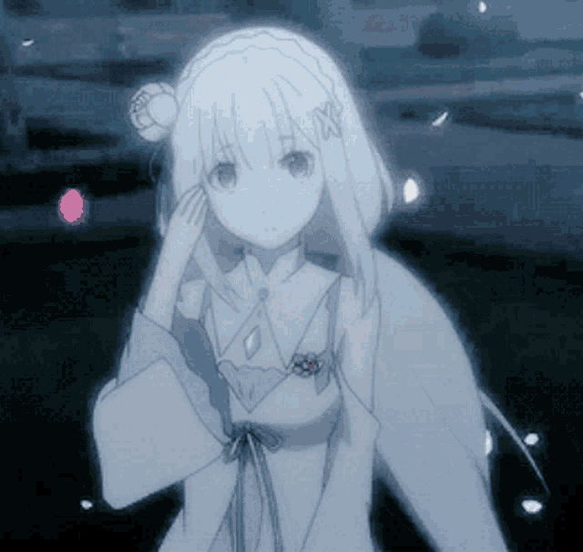 a girl with white hair and a flower in her hair is standing in the dark