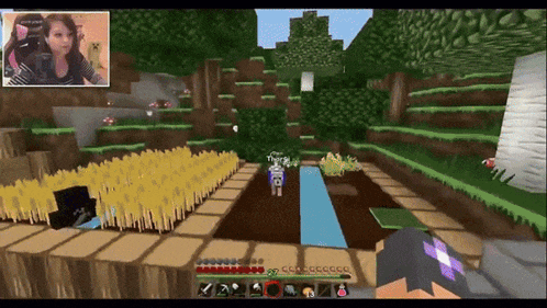 a girl is playing a video game called minecraft with a screenshot of her face