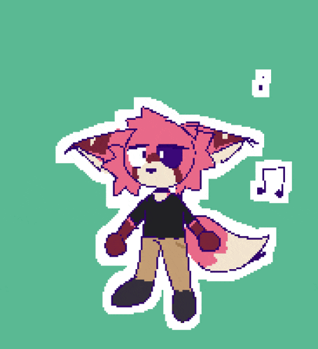 a pixel art drawing of a fox with a black shirt and brown pants